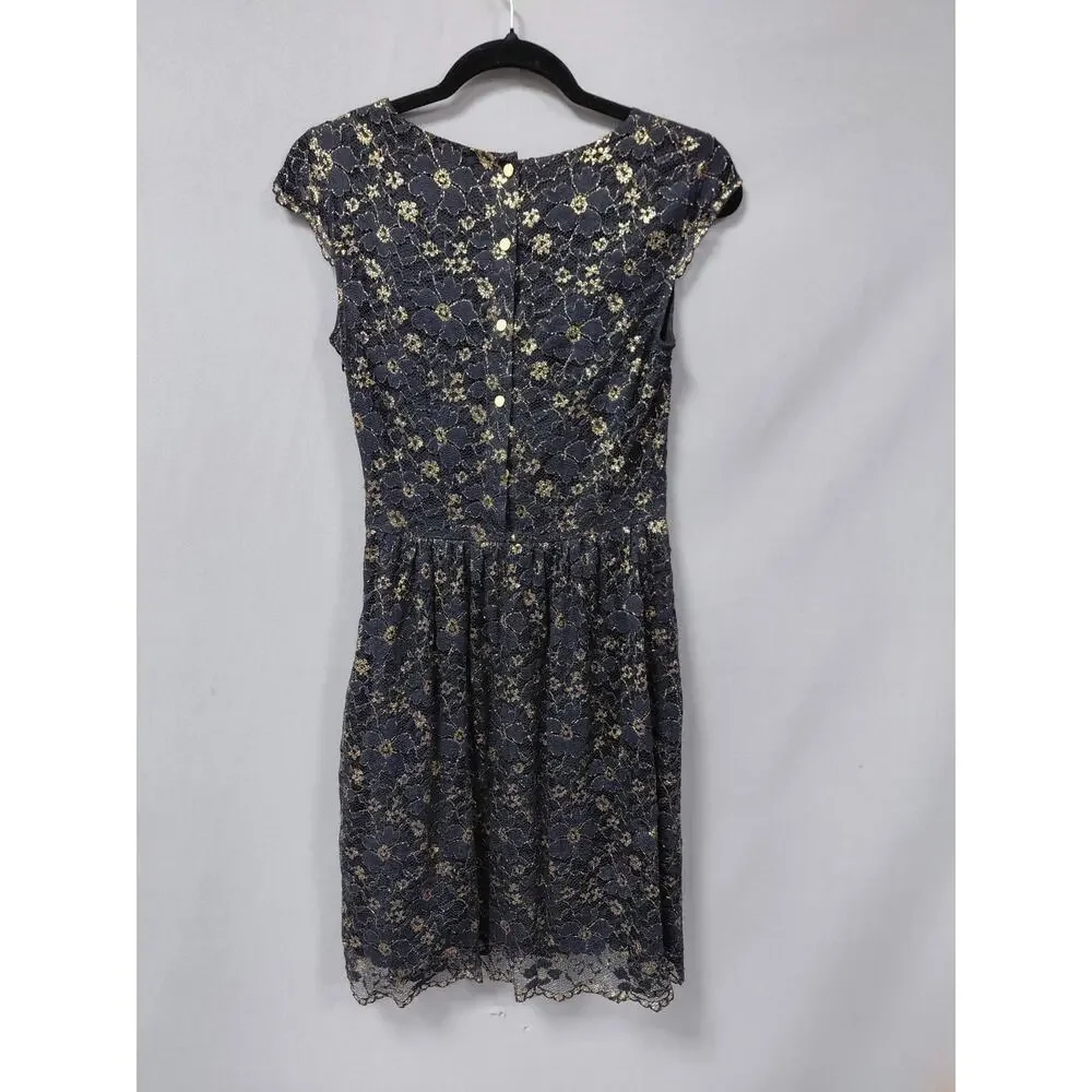 Gianni Bini Black Gold Metallic Floral Lace A-Line Dress Women Size 2